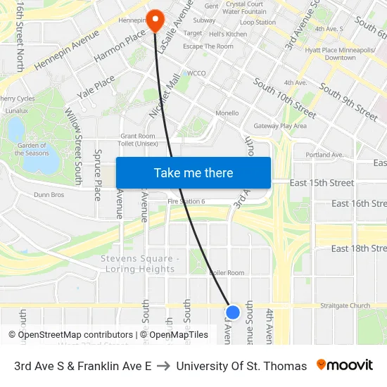 3rd Ave S & Franklin Ave E to University Of St. Thomas map