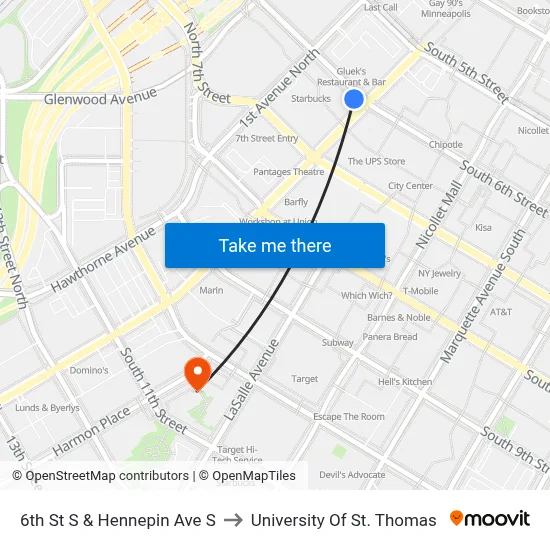 6th St S & Hennepin Ave S to University Of St. Thomas map