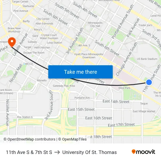 11th Ave S & 7th St S to University Of St. Thomas map