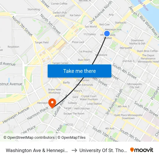 Washington Ave & Hennepin Ave to University Of St. Thomas map