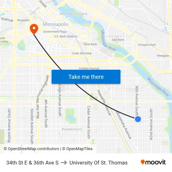 34th St E & 36th Ave S to University Of St. Thomas map