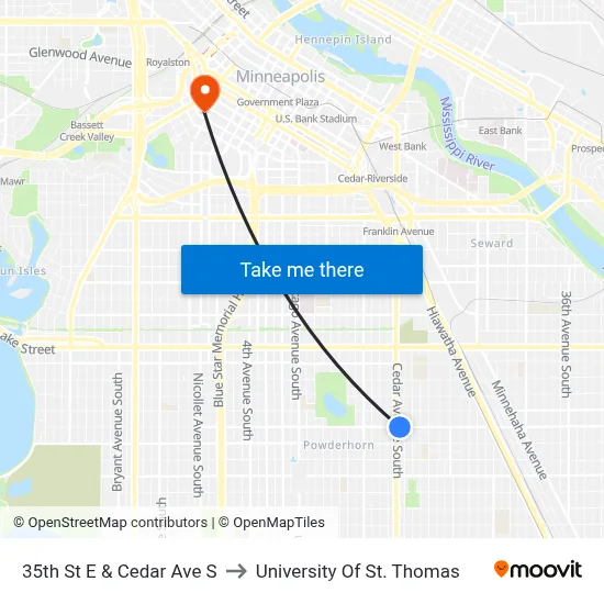 35th St E & Cedar Ave S to University Of St. Thomas map