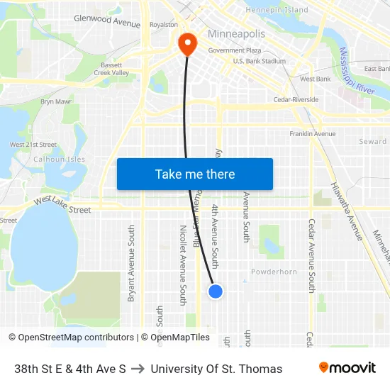 38th St E & 4th Ave S to University Of St. Thomas map