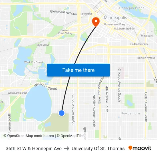 36th St W & Hennepin Ave to University Of St. Thomas map