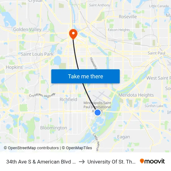34th Ave S & American Blvd / I-494 to University Of St. Thomas map
