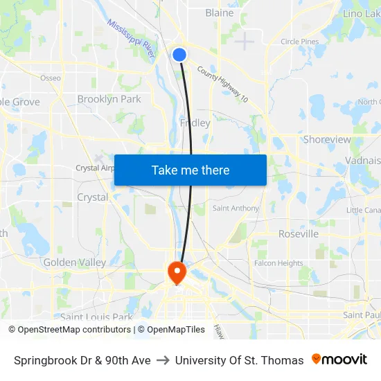 Springbrook Dr & 90th Ave to University Of St. Thomas map