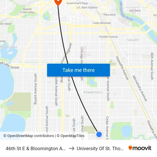46th St E & Bloomington Ave S to University Of St. Thomas map
