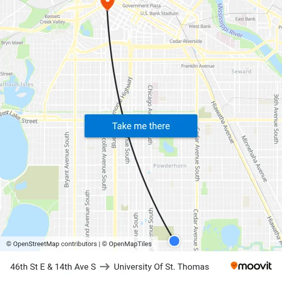 46th St E & 14th Ave S to University Of St. Thomas map