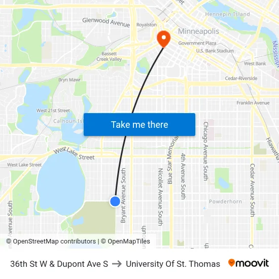 36th St W & Dupont Ave S to University Of St. Thomas map
