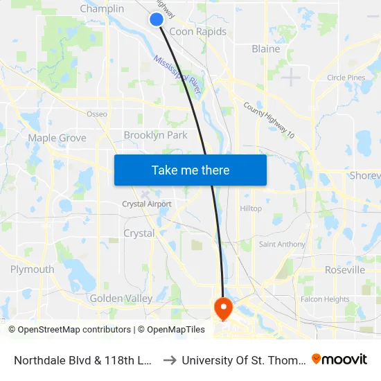 Northdale Blvd & 118th Lane to University Of St. Thomas map