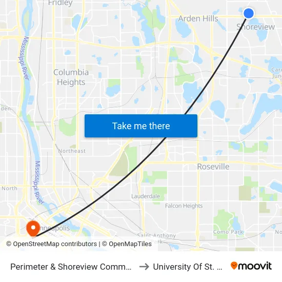 Perimeter & Shoreview Community Center to University Of St. Thomas map