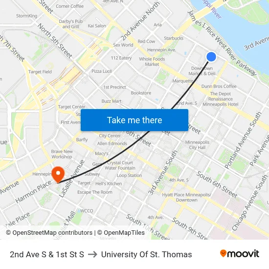 2nd Ave S & 1st St S to University Of St. Thomas map