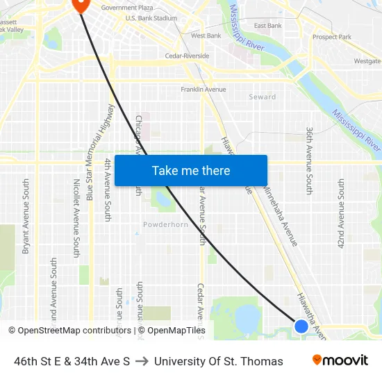 46th St E & 34th Ave S to University Of St. Thomas map