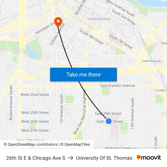 26th St E & Chicago Ave S to University Of St. Thomas map
