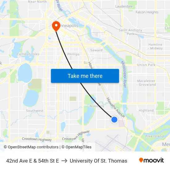 42nd Ave E & 54th St E to University Of St. Thomas map