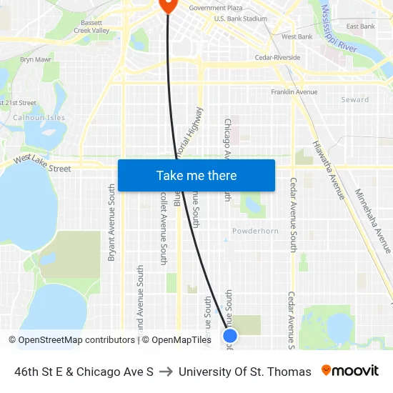 46th St E & Chicago Ave S to University Of St. Thomas map