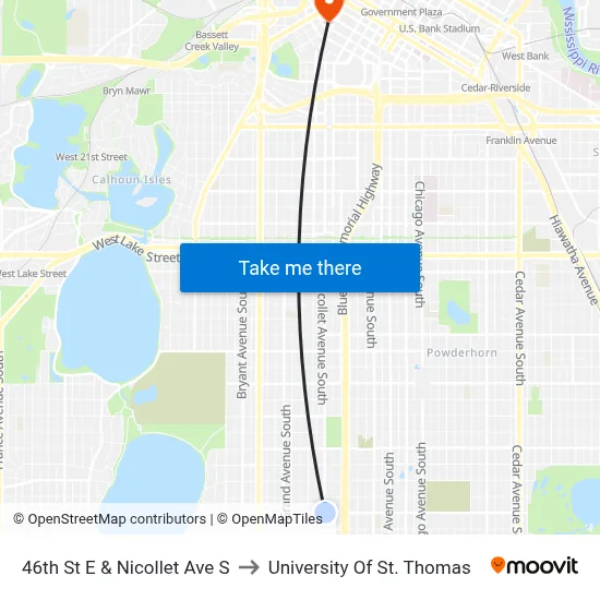 46th St E & Nicollet Ave S to University Of St. Thomas map