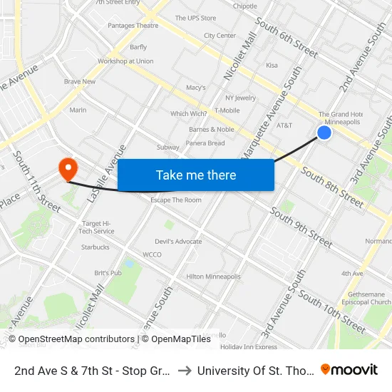 2nd Ave S & 7th St - Stop Group F to University Of St. Thomas map