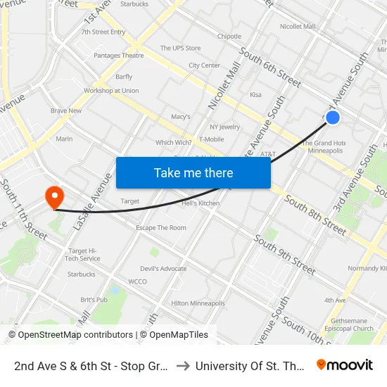 2nd Ave S & 6th St - Stop Group H to University Of St. Thomas map