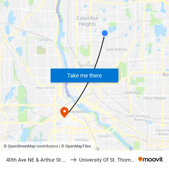 40th Ave NE & Arthur St NE to University Of St. Thomas map