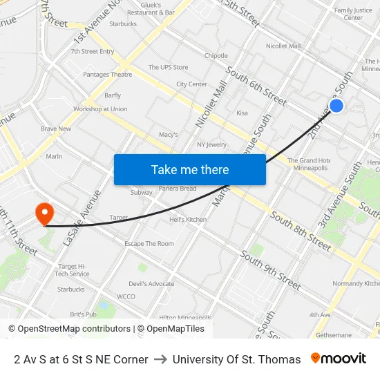 2 Av S at 6 St S NE Corner to University Of St. Thomas map