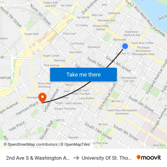 2nd Ave S & Washington Ave S to University Of St. Thomas map