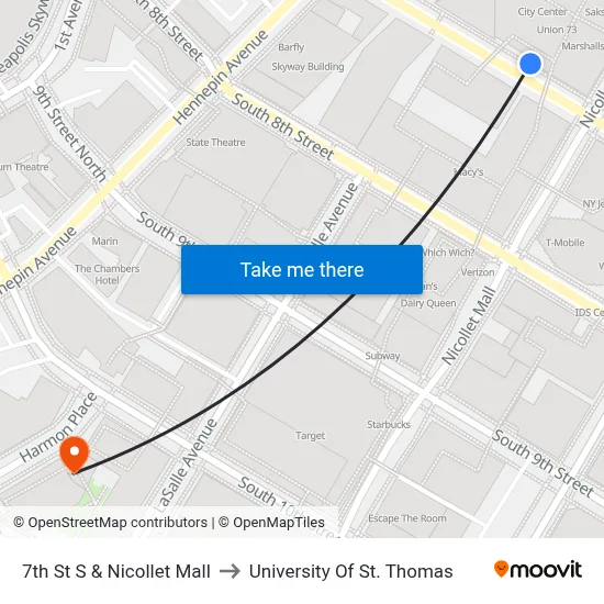 7th St S & Nicollet Mall to University Of St. Thomas map