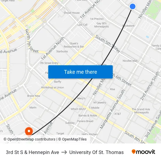 3rd St S & Hennepin Ave to University Of St. Thomas map