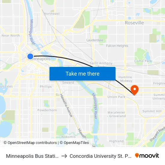 Minneapolis Bus Station to Concordia University St. Paul map