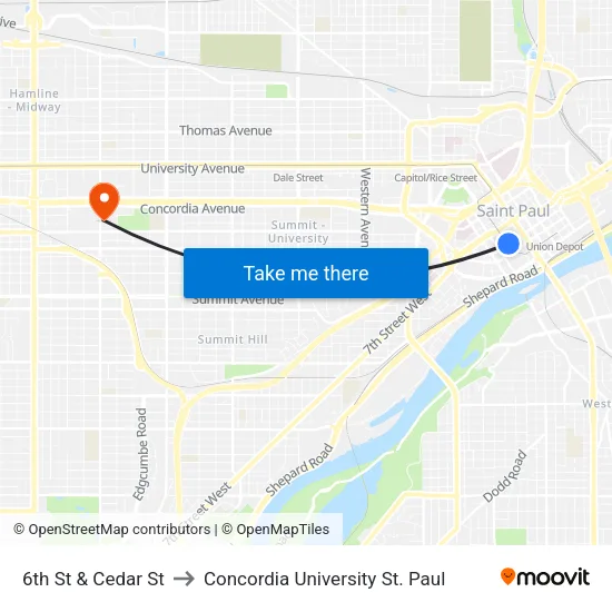 6th St & Cedar St to Concordia University St. Paul map