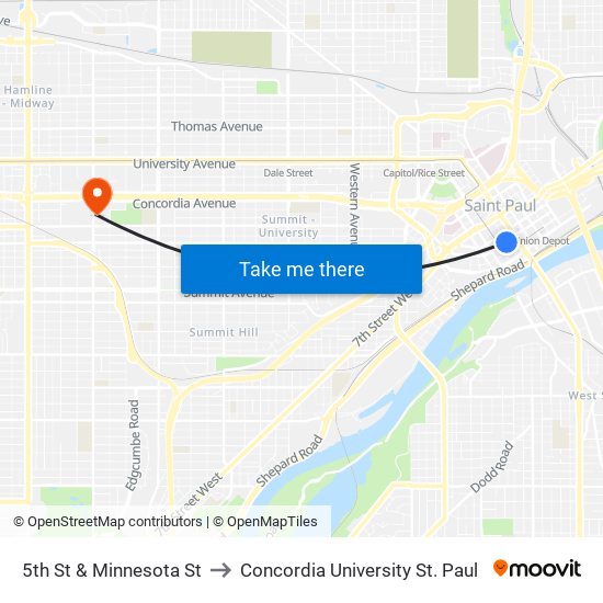 5th St & Minnesota St to Concordia University St. Paul map