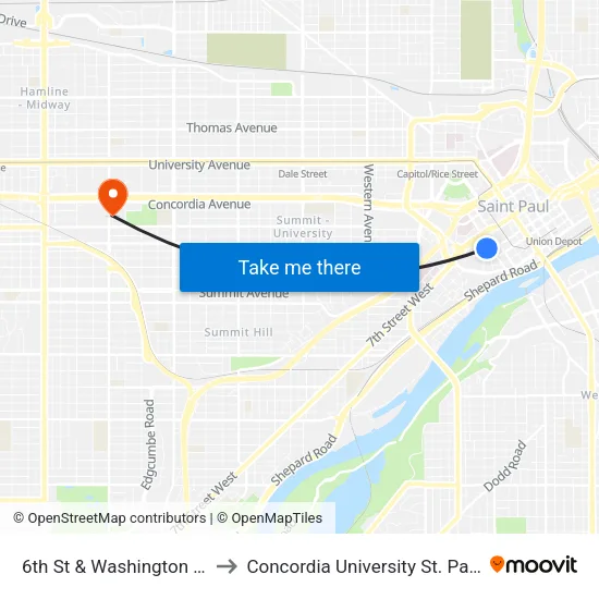 6th St & Washington St to Concordia University St. Paul map