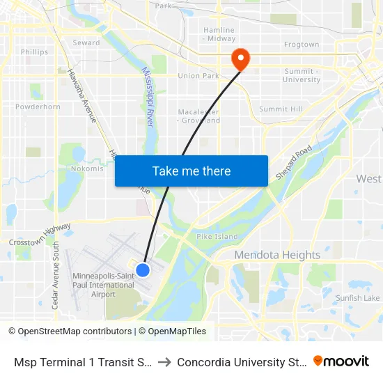 Msp Terminal 1 Transit Station to Concordia University St. Paul map