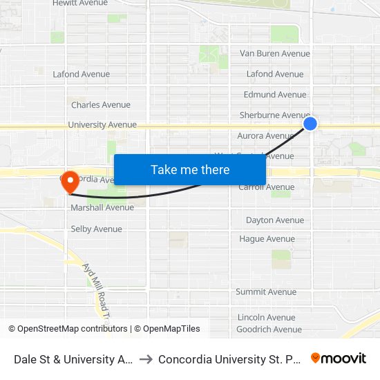 Dale St & University Ave to Concordia University St. Paul map