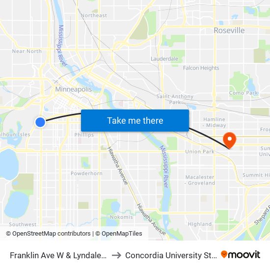 Franklin Ave W & Lyndale Ave S to Concordia University St. Paul map