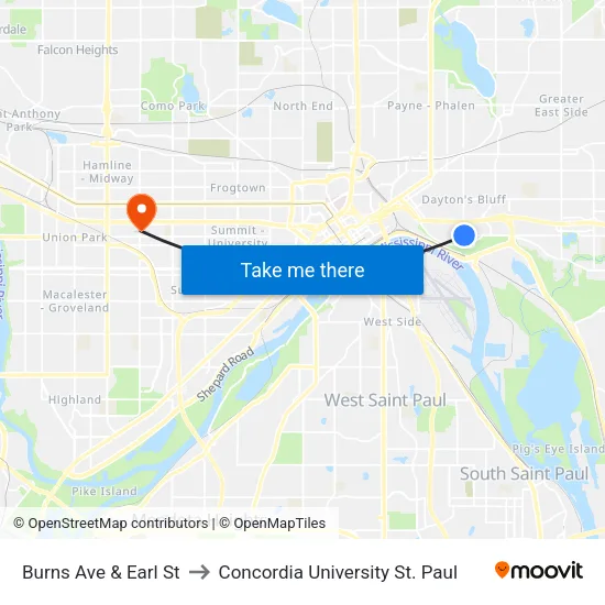 Burns Ave & Earl St to Concordia University St. Paul map