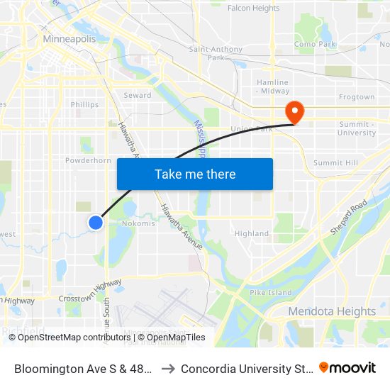 Bloomington Ave S & 48th St E to Concordia University St. Paul map