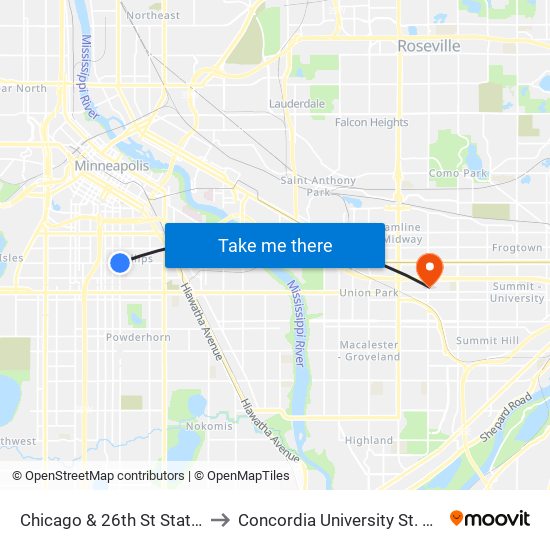 Chicago & 26th St Station to Concordia University St. Paul map