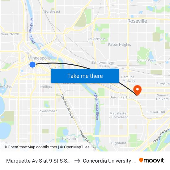 Marquette Av S at 9 St S SW Corner to Concordia University St. Paul map