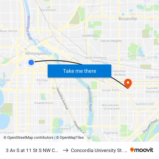 3 Av S at 11 St S NW Corner to Concordia University St. Paul map