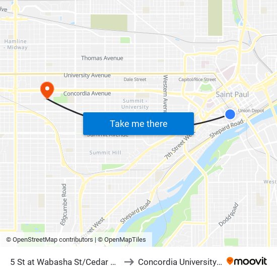 5 St at Wabasha St/Cedar St S Corner to Concordia University St. Paul map