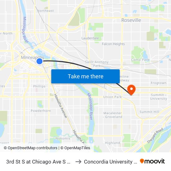 3rd St S at Chicago Ave S NE Corner to Concordia University St. Paul map