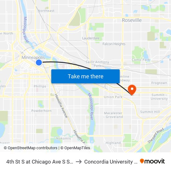 4th St S at Chicago Ave S SW Corner to Concordia University St. Paul map