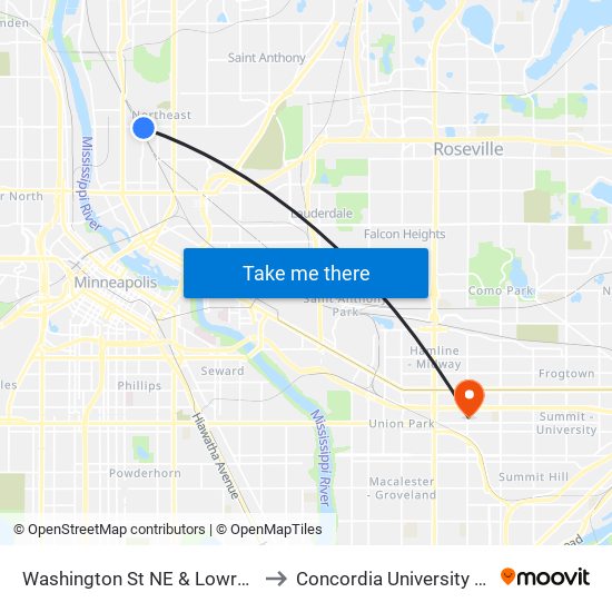 Washington St NE & Lowry Ave NE to Concordia University St. Paul map