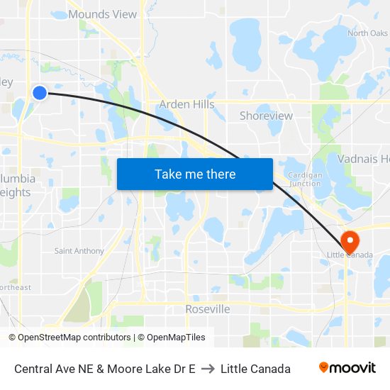 Central Ave NE & Moore Lake Dr E to Little Canada map