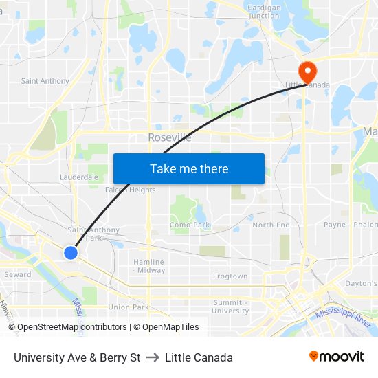 University Ave & Berry St to Little Canada map