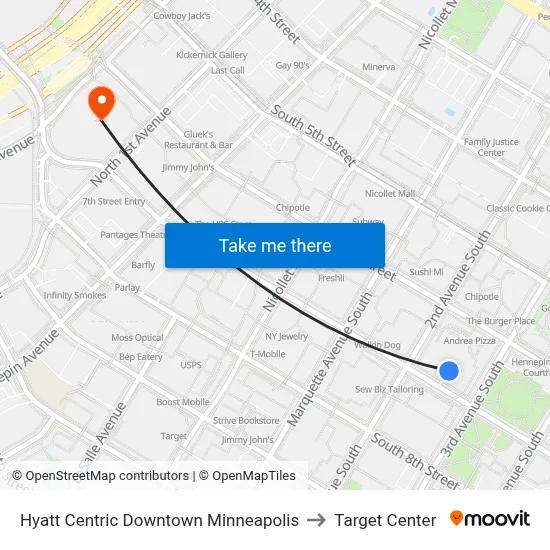 Hyatt Centric Downtown Minneapolis to Target Center map
