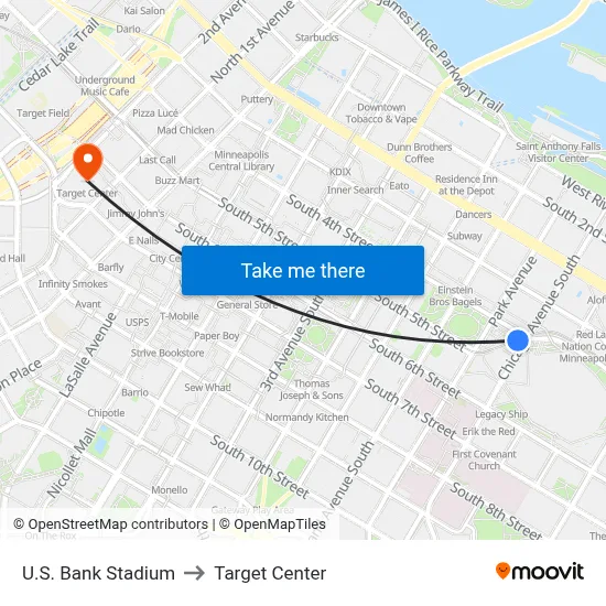 U.S. Bank Stadium to Target Center map