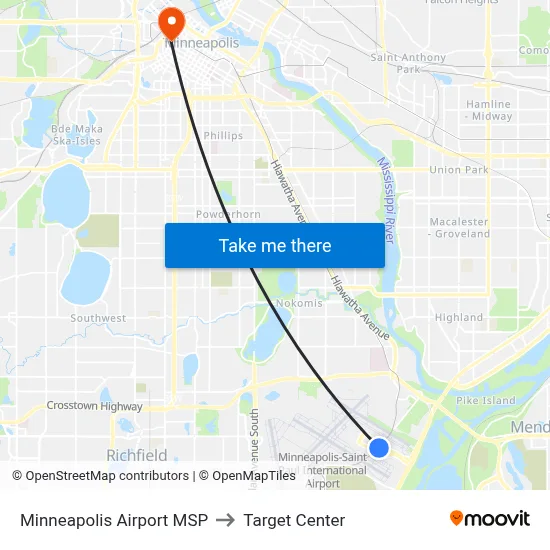 Minneapolis Airport MSP to Target Center map
