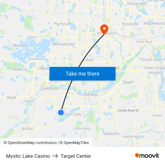 Mystic Lake Casino to Target Center map